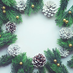Christmas ornament with ,pine cone and copy space background For christmas concepts or new year,winter ideas.Flat lay template