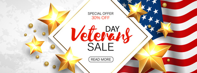 Obraz premium Veterans Day greeting card horizontal banner with golden stars anf flag. Vector
