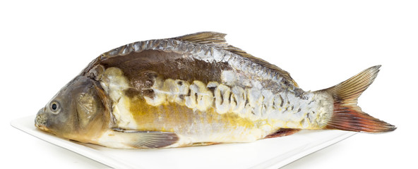 Mirror carp prepared for cooking on dish