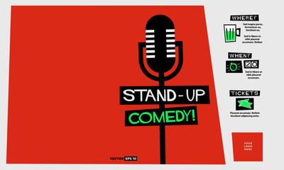 Stand Up Comedy (Flat Style Vector Illustration Performance Show Poster Design) with Where, When And Ticket Details