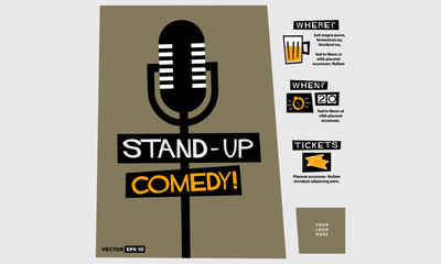 Stand Up Comedy (Flat Style Vector Illustration Performance Show Poster Design) with Where, When And Ticket Details