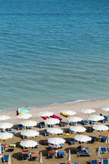 aerial view of parasols and beachline in Marotta. For travel and holiday concepts