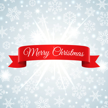 Merry Christmas and New Year snowflakes background with red banner, vector illustration