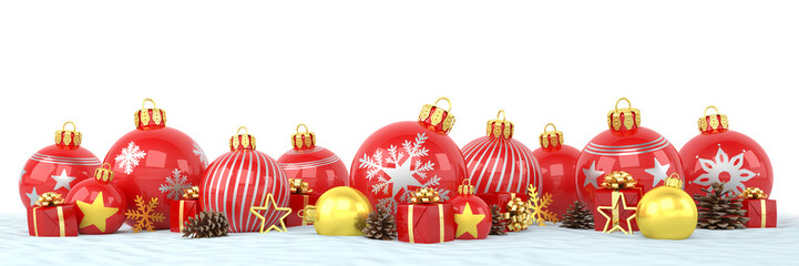 Many red and golden christmas baubles and christmas decorations over white background - panorama - merry christmas concept