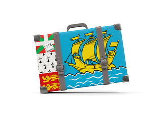 Luggage with flag of saint pierre and miquelon. Suitcase isolated on white