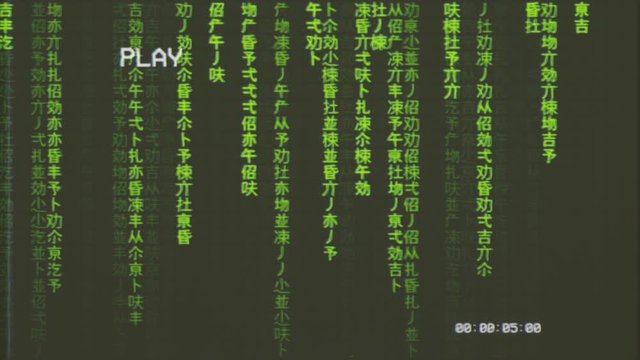 Fake VHS tape: random chinese characters falling down (code rain): a popular sci-fi movie effect; a symbol of obscure technology; computer source code, hacking, AI takeover.
