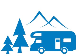 A caravan in a camp in the mountains. Vector icon. Blue color. Silhouette.