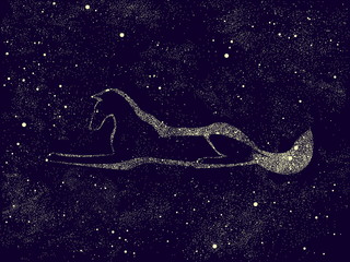 Obraz na płótnie Canvas Silhouette of a dog painted by stars on night sky. Vector illustration.
