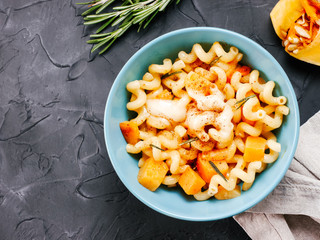 Fusilli pasta with pumpkin, rosemary and brie