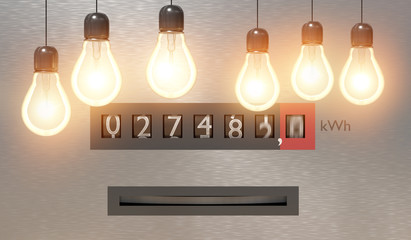 Electricity and power consumption concept. Many light bulbs and electrometer in background. 3D rendered illustration. - obrazy, fototapety, plakaty