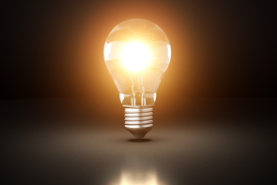 Glowing light bulb. Idea concept. 3D rendered illustration.