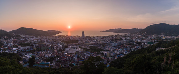 Aerial Panorama Of Sunset Over Patong City In Phuket Province, Southern Thailand