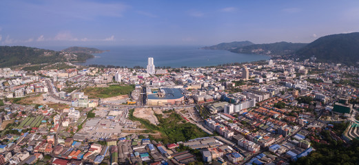 Fototapeta premium Blue Sky Over Patong Town And Bay In Phuket Province, Thailand, Aerial Drone Panorama