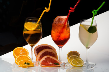 Alcoholic beverage and fruit at restaurant.