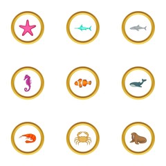 Sea animals icons set, cartoon style