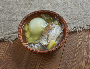 Fish soup with whitefish. close up