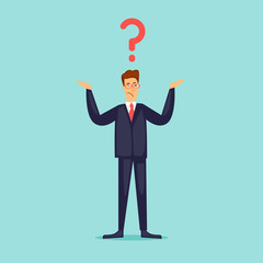 Businessman spreading his hands question. Question mark. Flat design vector illustration.