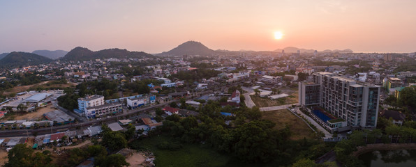 Wide Aerial Panorama Of Sunrise Over Phuket Town In Southern Thailand