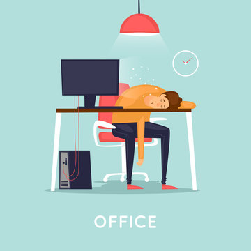 Lot of work, man fell asleep at the table. Flat design vector illustration. 
