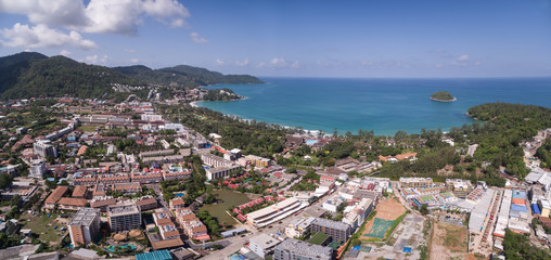 High Aerial Drone Panorama Over Kata Town And Beach In Phuket, Thailand