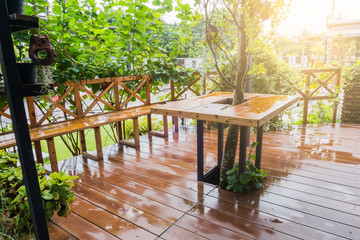 Wooden terrace Outside the house In the rainy season . - 175901740