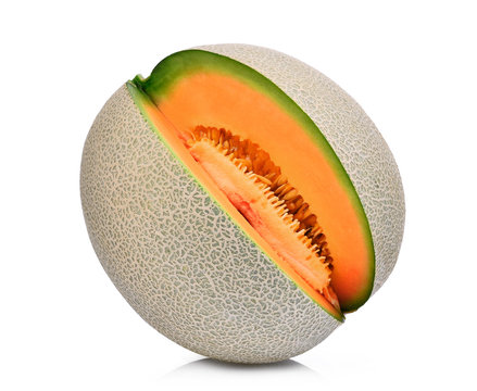 apanese melons, orange melon or cantaloupe melon with seeds isolated on white background