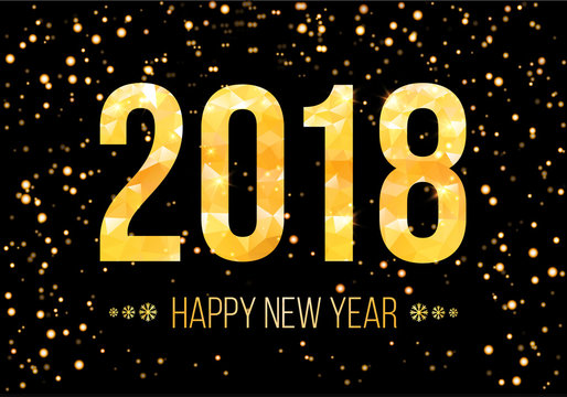 2018 Happy New Year Background. Golden numbers with confetti on black background. Template for your seasonal flyers and greetings card. Vector illustration.