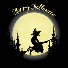 Halloween party. Witch on a broom, forest and full moon. Halloween poster. Vector illustration.