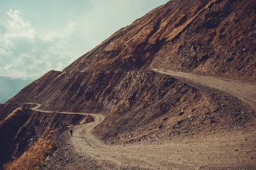 Spectacular and dangerous mountain road, Tusheti, Georgia. Adventure concept. Mount landscape....