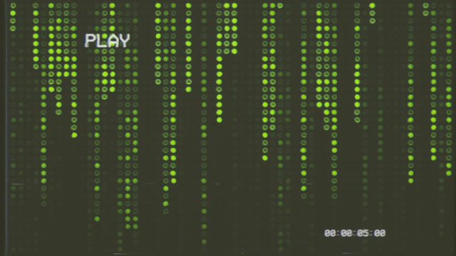 Fake VHS tape: random smiley-face characters falling down (code rain): a popular sci-fi movie effect; a symbol of obscure technology; computer source code, hacking, AI takeover.
