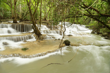 Beautiful waterfall in green forest in nature