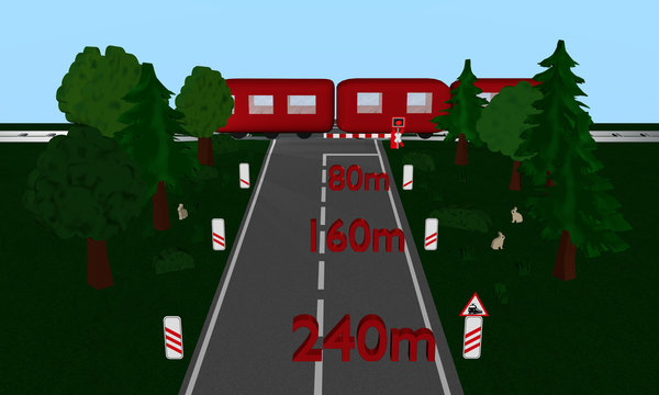 Bahnübergang mit Zug, Andreaskreuz und Verkehrsschild, Auto, Bäumen und Häschen. Text mit Abständen in Meter