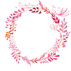Romantic watercolor pink branch and flowers wreath frame