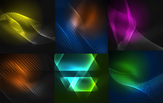 Set of dark abstract backgrounds with glowing geometric shapes