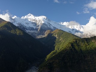 Morning in Upper Pisang Morning, view of Annapurna 2, snow capped Himalayas in morning, Annapurna Circuit trek 