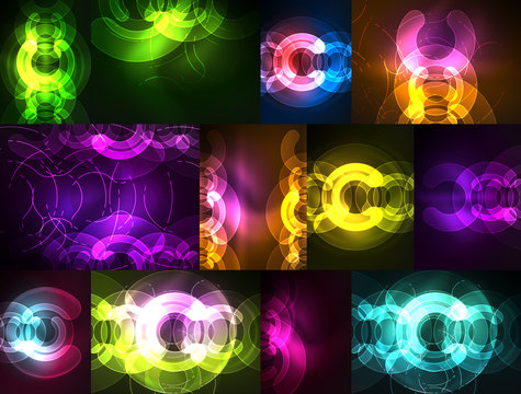 Round glowing elements on dark space, abstract background set