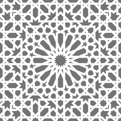 Islamic seamless vector pattern. White Geometric ornaments based on traditional arabic art. Oriental muslim mosaic. Turkish, Arabian, Moroccan design on a dark background. Mosque decoration element