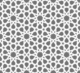 Islamic seamless vector pattern. White Geometric ornaments based on traditional arabic art. Oriental muslim mosaic. Turkish, Arabian, Moroccan design on a dark background. Mosque decoration element