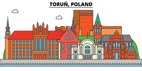 Poland, Torun. City skyline, architecture, buildings, streets, silhouette, landscape, panorama, landmarks. Editable strokes. Flat design line vector illustration concept. Isolated icons - obrazy, fototapety, plakaty