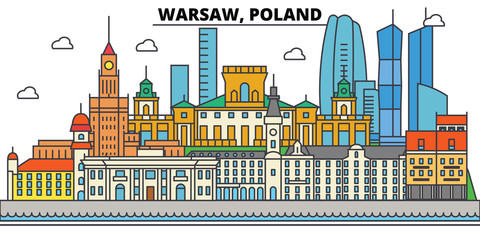 Poland, Warsaw. City skyline, architecture, buildings, streets, silhouette, landscape, panorama, landmarks. Editable strokes. Flat design line vector illustration concept. Isolated icons - obrazy, fototapety, plakaty