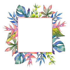 Tropical Hawaii leaves frame in a watercolor style. Aquarelle wild flower for background, texture, wrapper pattern, frame or border.