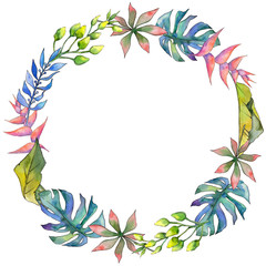 Fototapeta na wymiar Tropical Hawaii leaves wreath in a watercolor style. Aquarelle wild flower for background, texture, wrapper pattern, frame or border.