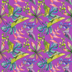 Tropical Hawaii leaves pattern in a watercolor style. Aquarelle wild flower for background, texture, wrapper pattern, frame or border.