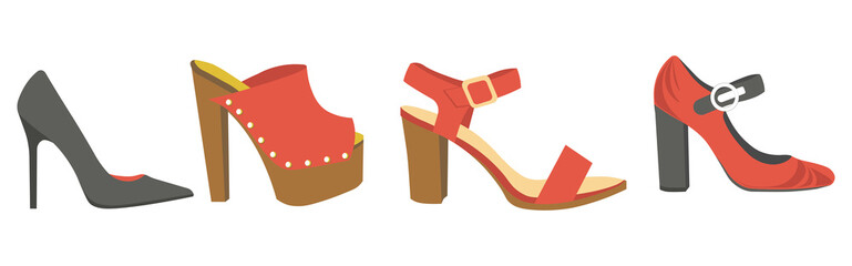 Women shoes or female footwear boots types vector flat isolated icons set