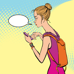 Illustration of a girl Holding a Mobile Phone.