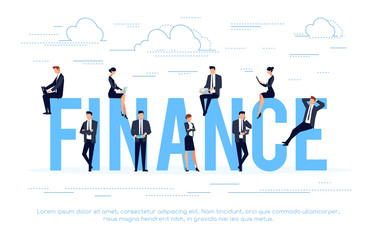 Finance. Business concept in a flat style with businessmen using smartphones and laptops.