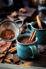 Tasse de chocolat chaud avec un bâton de cannelle et des copeaux de chocolat noir râpé
