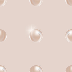 Beautiful, natural, beige, realistic pearls with dew water drops, sparkle. Shiny and glowing pearls on light beige background. Elegant, vector seamless pattern