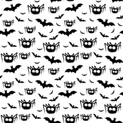 Naklejka premium Wektor wzór halloween czarnych pająków i nietoperzy