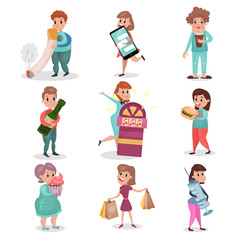 Fototapeta premium Popular bad habits and addictions of modern society set cartoon vector Illustrations